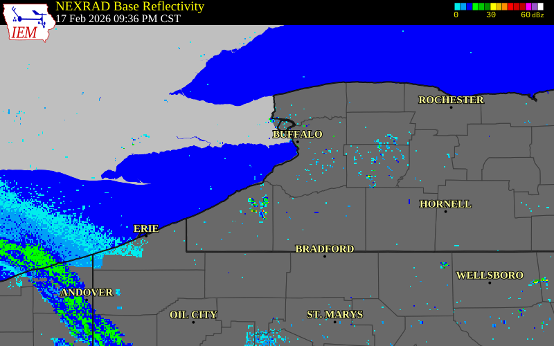 NEXRAD radar during the Tuesday, February 17, 2026 storm activity in Erie County, New York