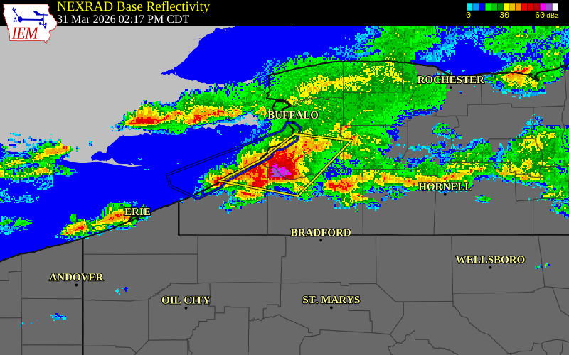 NEXRAD radar during the Tuesday, March 31, 2026 storm activity in Erie County, New York