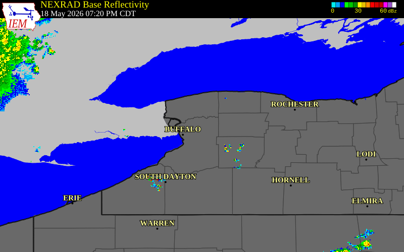 NEXRAD radar during the Monday, May 18, 2026 storm activity in Erie County, New York