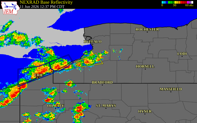NEXRAD radar during the Thursday, June 11, 2026 storm activity in Erie County, New York