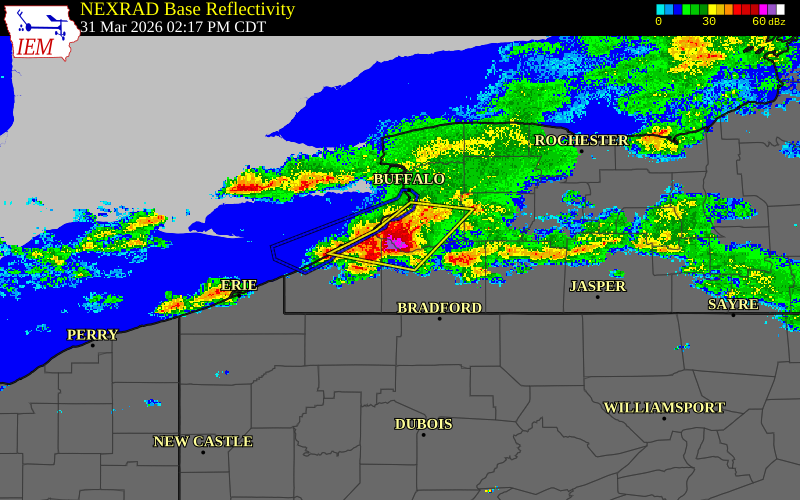 Radar snapshot during the Mar 31, 2026 hail event near Gowanda, Erie County, New York, with NWS warning polygons