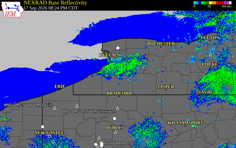 Current NEXRAD radar over Erie County, New York with recent storm report locations