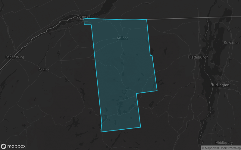 Map of Franklin County, New York showing the county boundary and surrounding cities