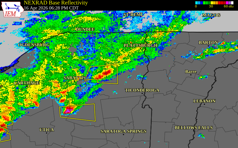 NEXRAD radar during the Thursday, April 16, 2026 storm activity in Franklin County, New York