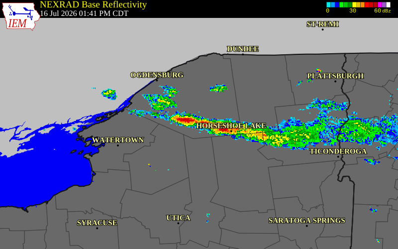 NEXRAD radar during the Thursday, July 16, 2026 storm activity in Franklin County, New York