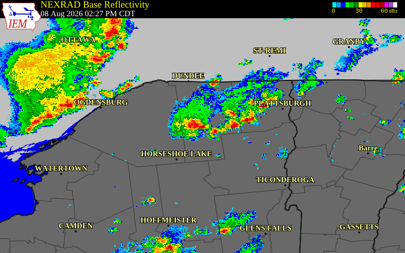 NEXRAD radar during the Saturday, August 8, 2026 storm activity in Franklin County, New York