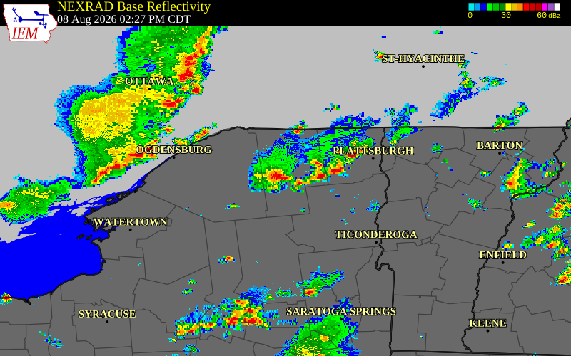 Radar snapshot during the Aug 8, 2026 wind event near Franklin County, Franklin County, New York, with NWS warning polygons