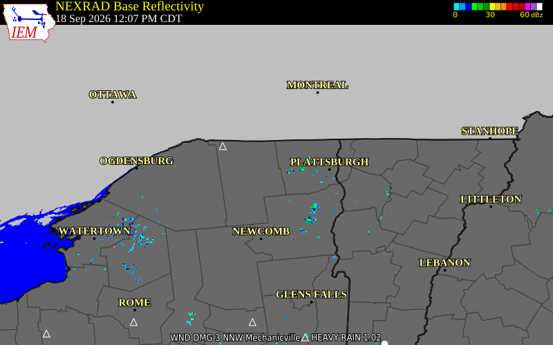 Current NEXRAD radar over Franklin County, New York with recent storm report locations