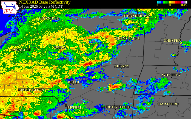 NEXRAD radar during the Sunday, June 14, 2026 storm activity in Fulton County, New York