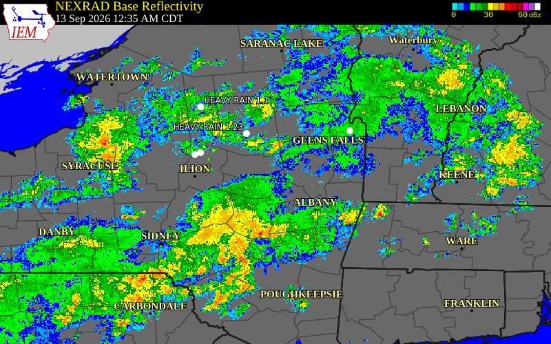 Current NEXRAD radar over Fulton County, New York with recent storm report locations
