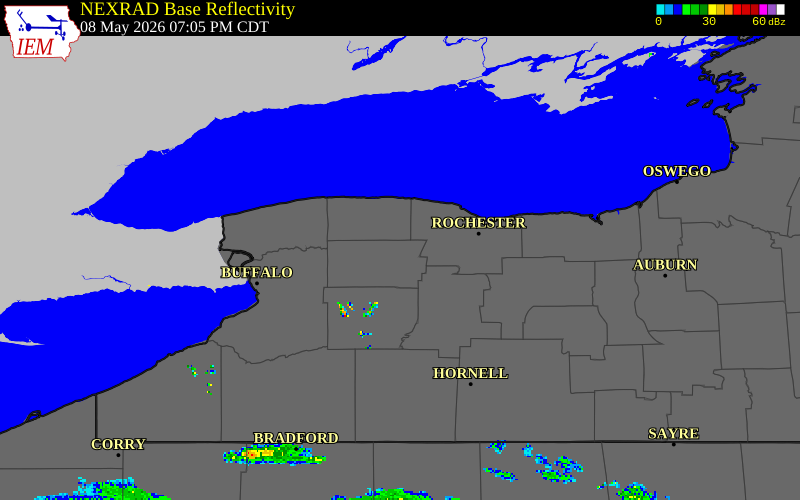 NEXRAD radar during the Friday, May 8, 2026 storm activity in Genesee County, New York