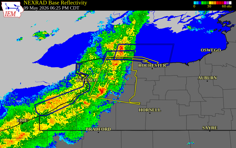 NEXRAD radar during the Saturday, May 9, 2026 storm activity in Genesee County, New York