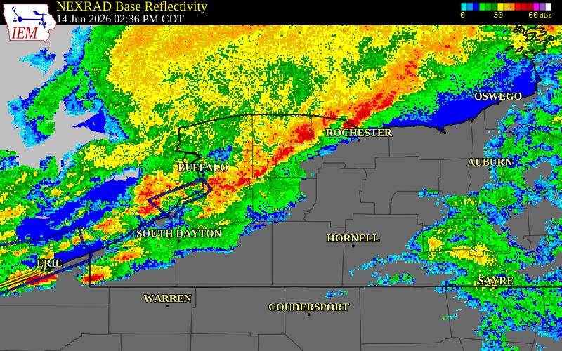 NEXRAD radar during the Sunday, June 14, 2026 storm activity in Genesee County, New York