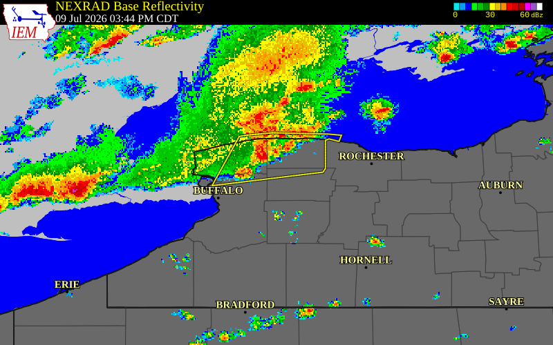 NEXRAD radar during the Thursday, July 9, 2026 storm activity in Genesee County, New York