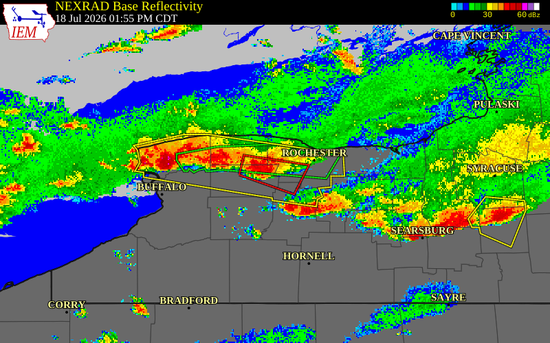 NEXRAD radar during the Saturday, July 18, 2026 storm activity in Genesee County, New York