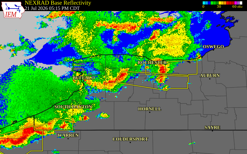 NEXRAD radar during the Tuesday, July 21, 2026 storm activity in Genesee County, New York