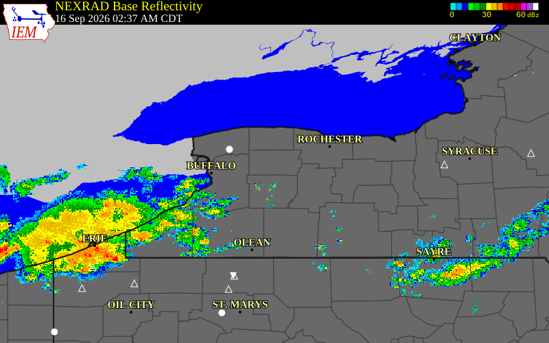 Current NEXRAD radar over Genesee County, New York with recent storm report locations