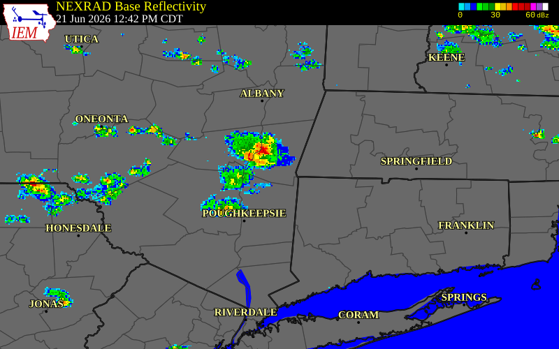NEXRAD radar during the Sunday, June 21, 2026 storm activity in Greene County, New York