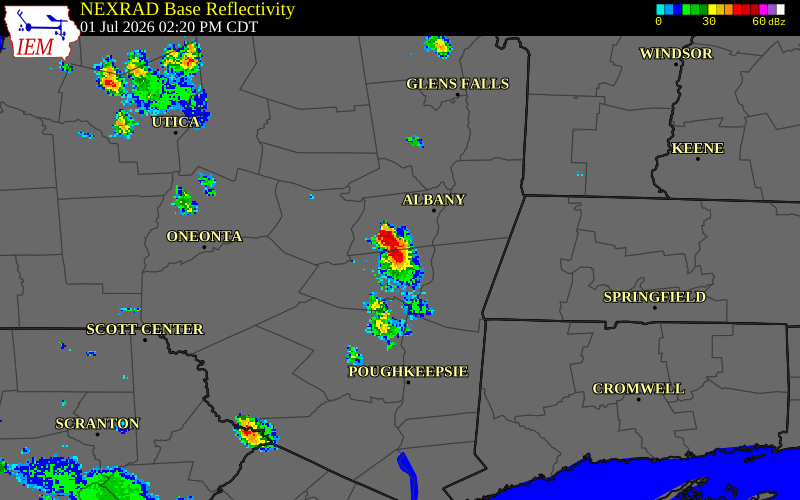 NEXRAD radar during the Wednesday, July 1, 2026 storm activity in Greene County, New York