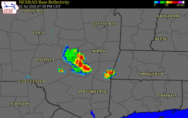 NEXRAD radar during the Thursday, July 2, 2026 storm activity in Greene County, New York