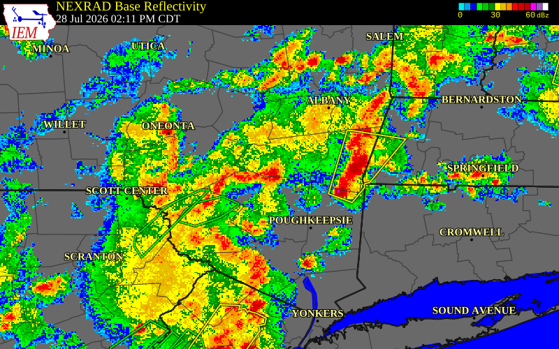 NEXRAD radar during the Tuesday, July 28, 2026 storm activity in Greene County, New York