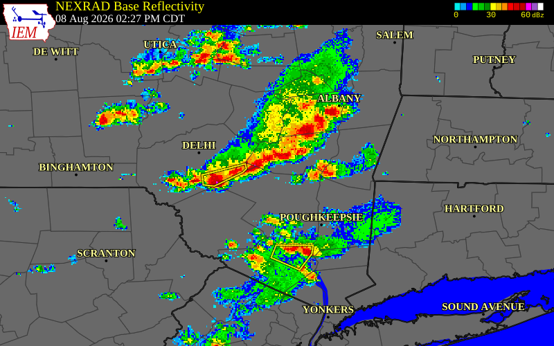 NEXRAD radar during the Saturday, August 8, 2026 storm activity in Greene County, New York