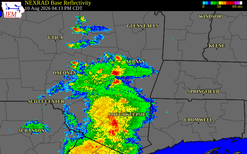 NEXRAD radar during the Monday, August 10, 2026 storm activity in Greene County, New York
