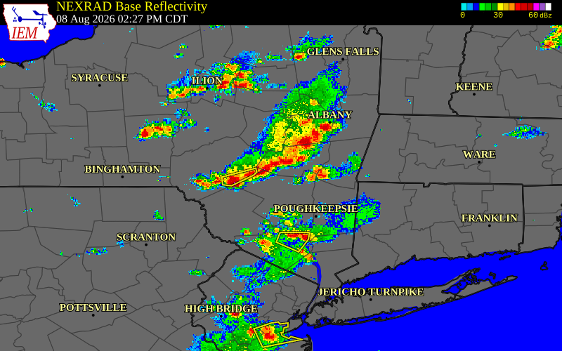Radar snapshot during the Aug 8, 2026 wind event near Greene County, Greene County, New York, with NWS warning polygons