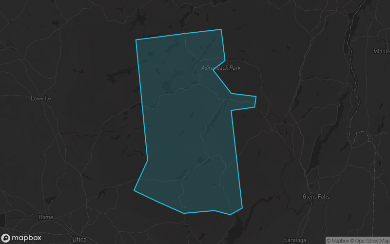 Map of Hamilton County, New York showing the county boundary and surrounding cities