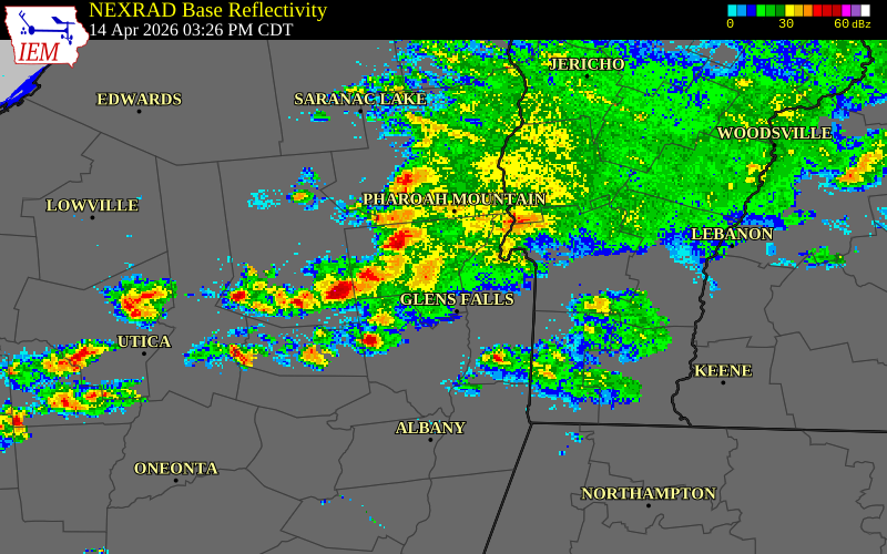 NEXRAD radar during the Tuesday, April 14, 2026 storm activity in Hamilton County, New York