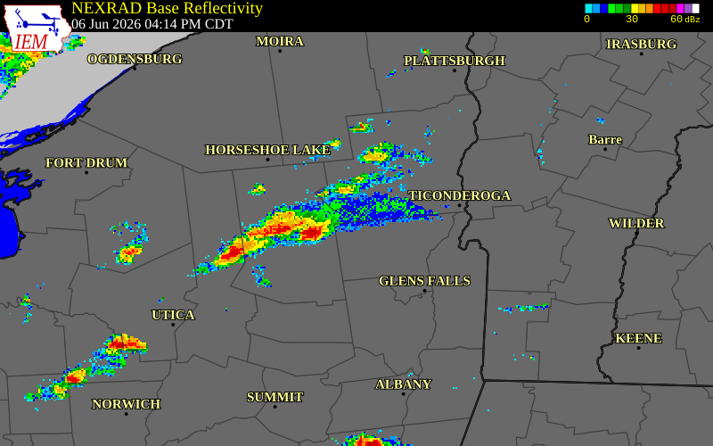 NEXRAD radar during the Saturday, June 6, 2026 storm activity in Hamilton County, New York