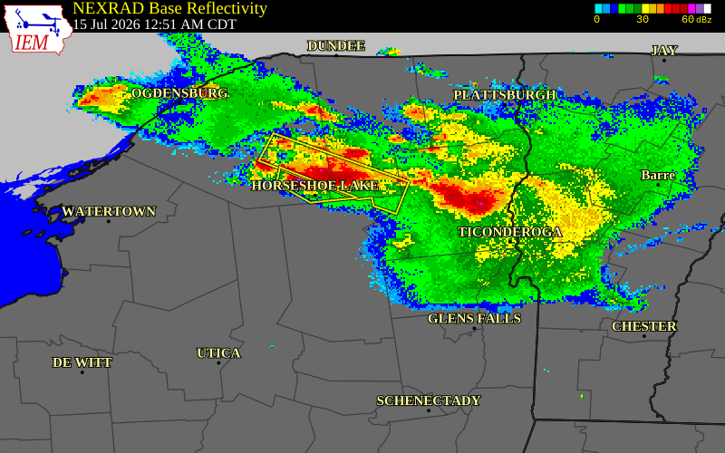 NEXRAD radar during the Wednesday, July 15, 2026 storm activity in Hamilton County, New York
