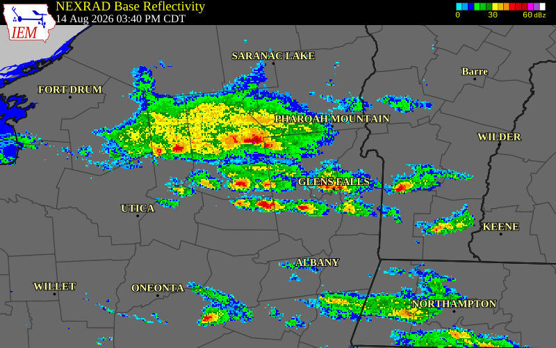 NEXRAD radar during the Friday, August 14, 2026 storm activity in Hamilton County, New York