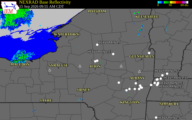 Current NEXRAD radar over Hamilton County, New York with recent storm report locations