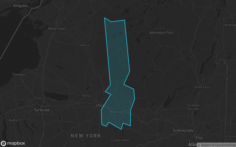 Map of Herkimer County, New York showing the county boundary and surrounding cities