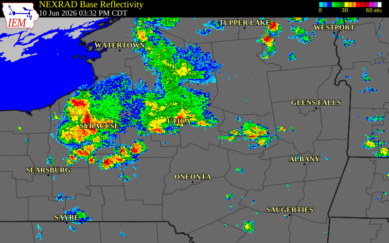 NEXRAD radar during the Wednesday, June 10, 2026 storm activity in Herkimer County, New York