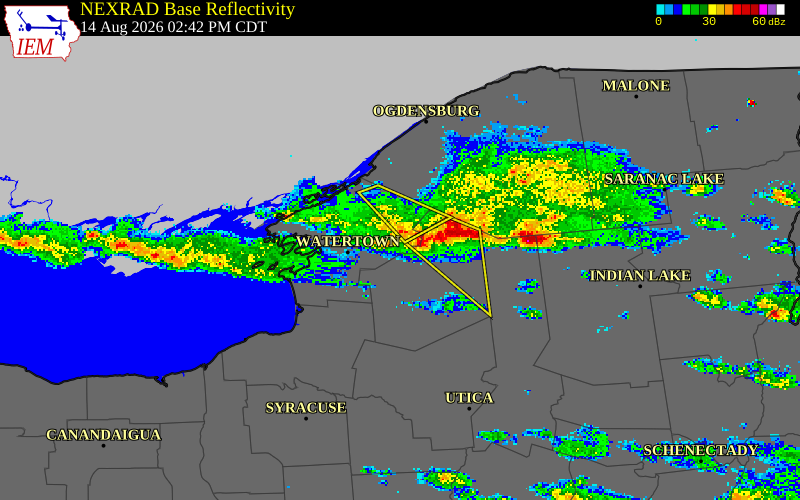NEXRAD radar during the Friday, August 14, 2026 storm activity in Jefferson County, New York