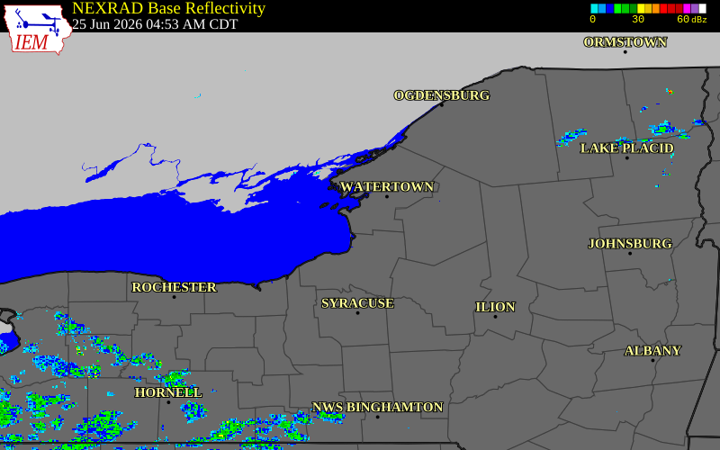 Radar snapshot during the Jun 25, 2026 hail event near 1 NNE Ellisburg, Jefferson County, New York, with NWS warning polygons