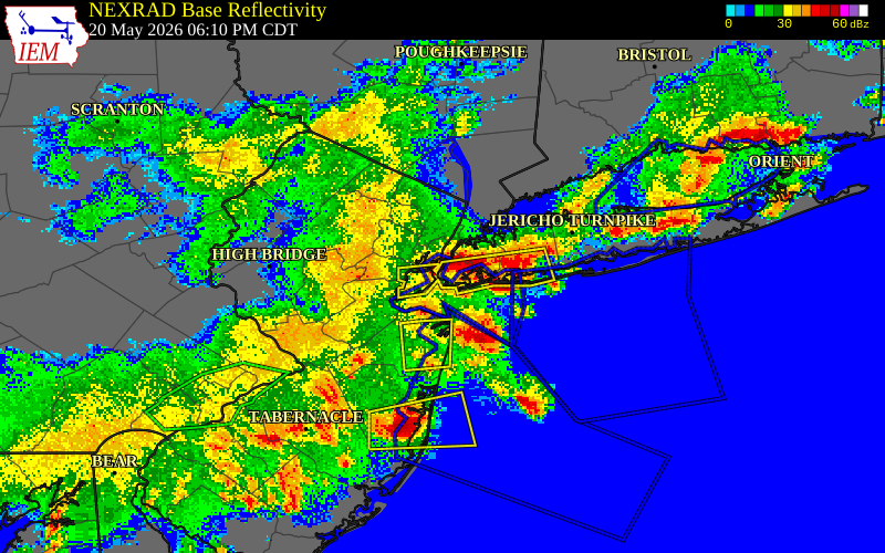 NEXRAD radar during the Wednesday, May 20, 2026 storm activity in Kings County, New York
