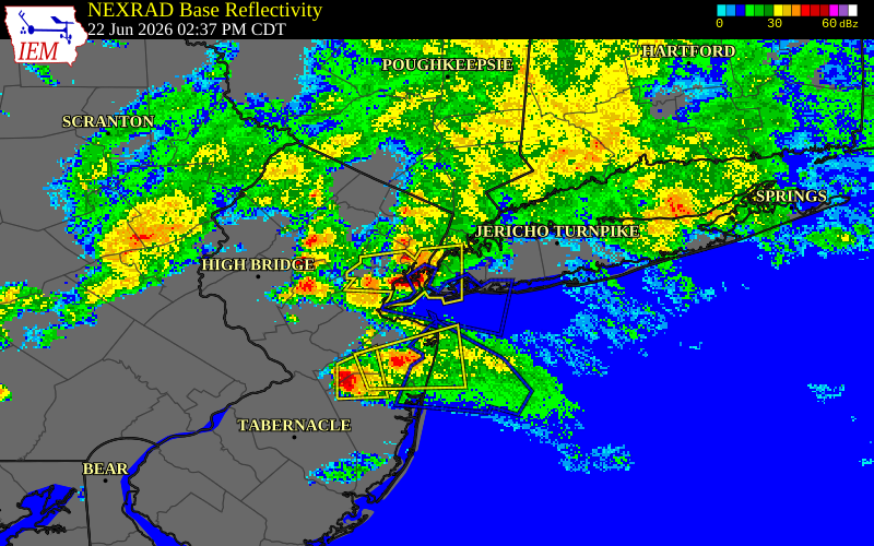 NEXRAD radar during the Monday, June 22, 2026 storm activity in Kings County, New York