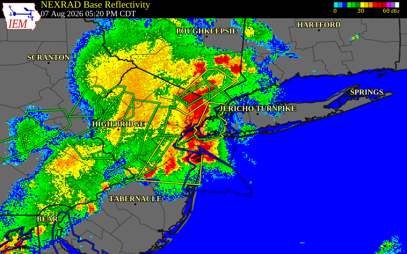 NEXRAD radar during the Friday, August 7, 2026 storm activity in Kings County, New York