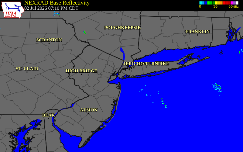 Radar snapshot during the Jul 2, 2026 wind event near 1 SSW Flatbush, Kings County, New York, with NWS warning polygons
