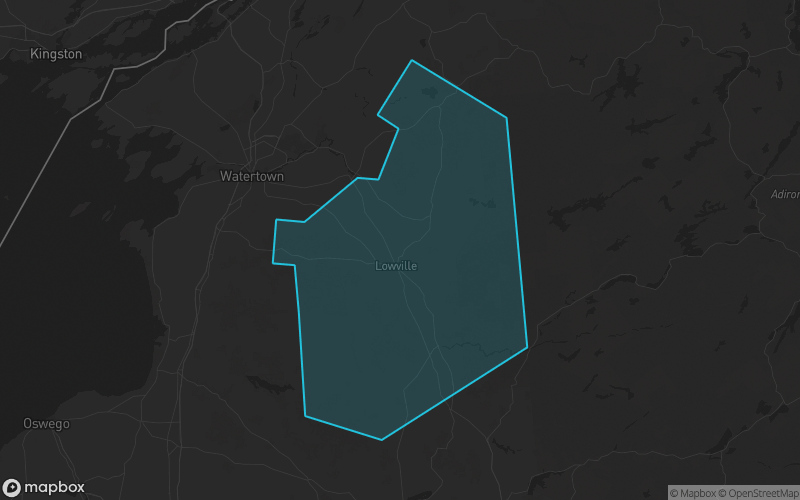 Map of Lewis County, New York showing the county boundary and surrounding cities