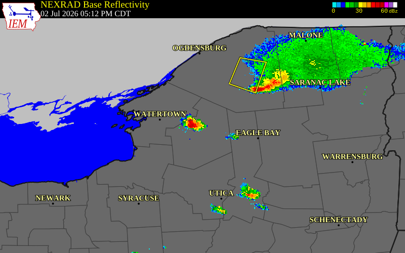 NEXRAD radar during the Thursday, July 2, 2026 storm activity in Lewis County, New York