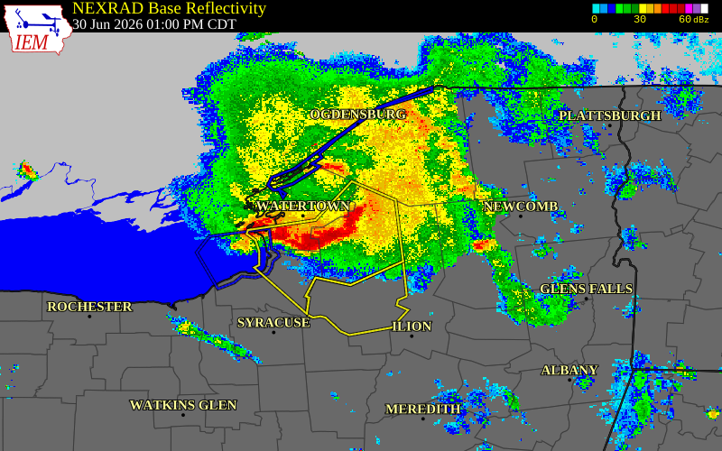 Radar snapshot during the Jun 30, 2026 tornado event near 3 W Croghan, Lewis County, New York, with NWS warning polygons