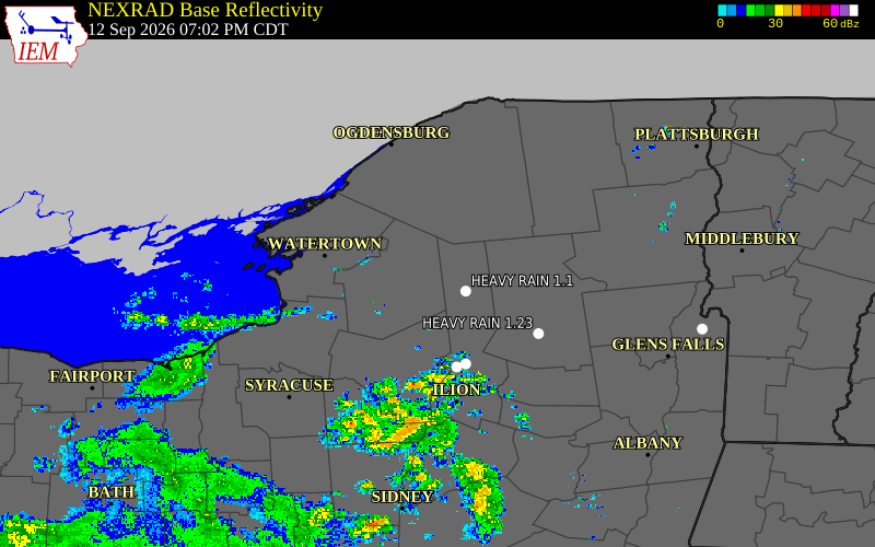 Current NEXRAD radar over Lewis County, New York with recent storm report locations
