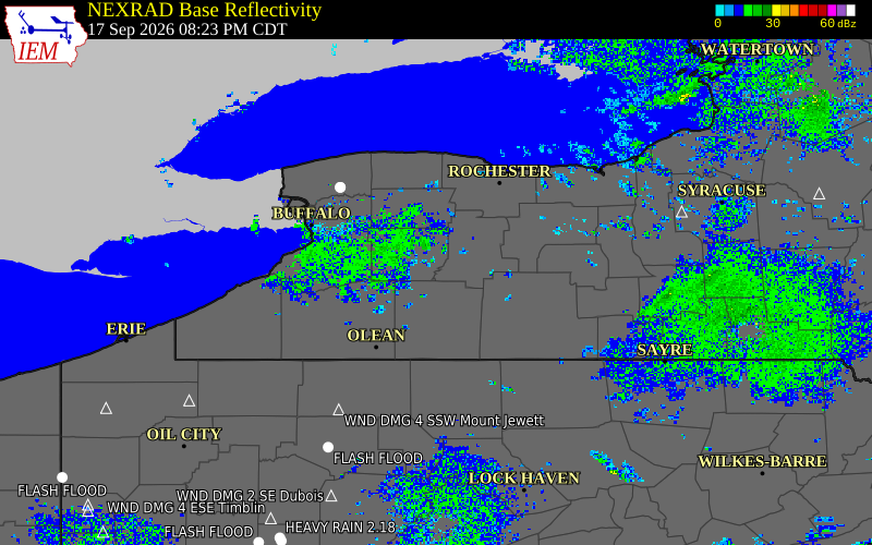 Current NEXRAD radar over Livingston County, New York with recent storm report locations