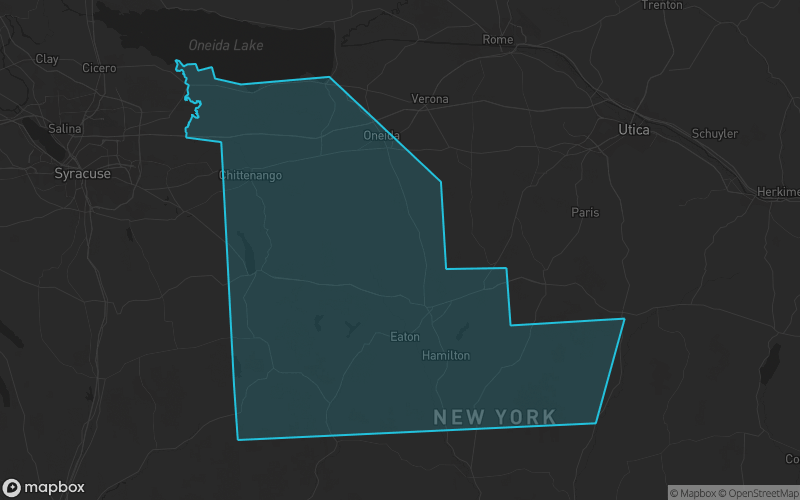 Map of Madison County, New York showing the county boundary and surrounding cities