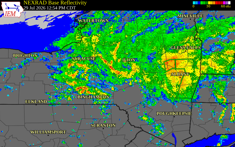 Radar snapshot during the Jul 29, 2026 tornado event near 1 NW South Brookfield, Madison County, New York, with NWS warning polygons