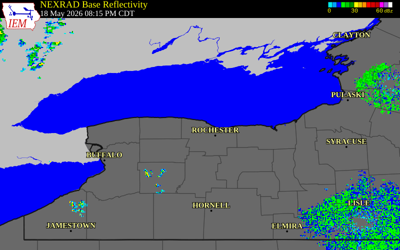 NEXRAD radar during the Monday, May 18, 2026 storm activity in Monroe County, New York
